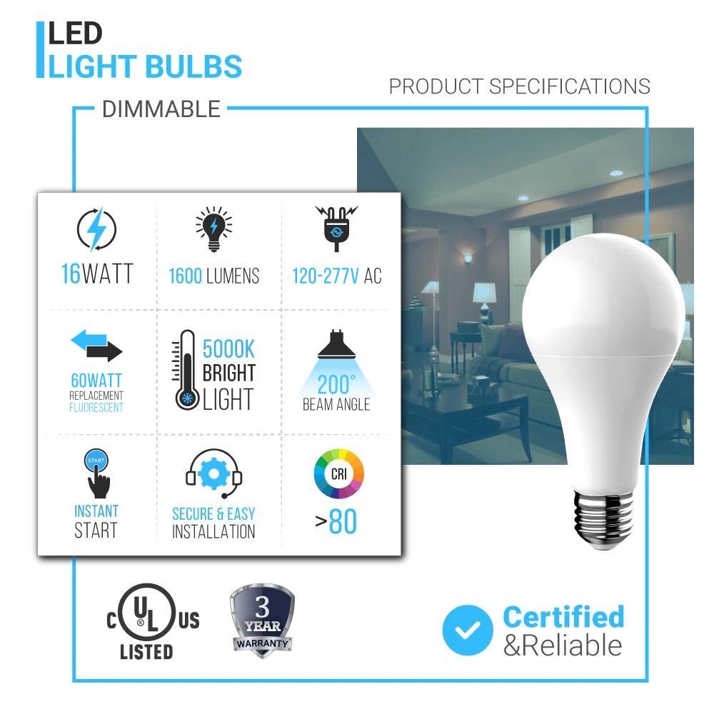 LED Light Bulbs A21 16 Watt 1600 Lumens 5000K Daylight White Dimmable E26 Base Damp Location, Standard LED Bulbs - LEDMyPlace