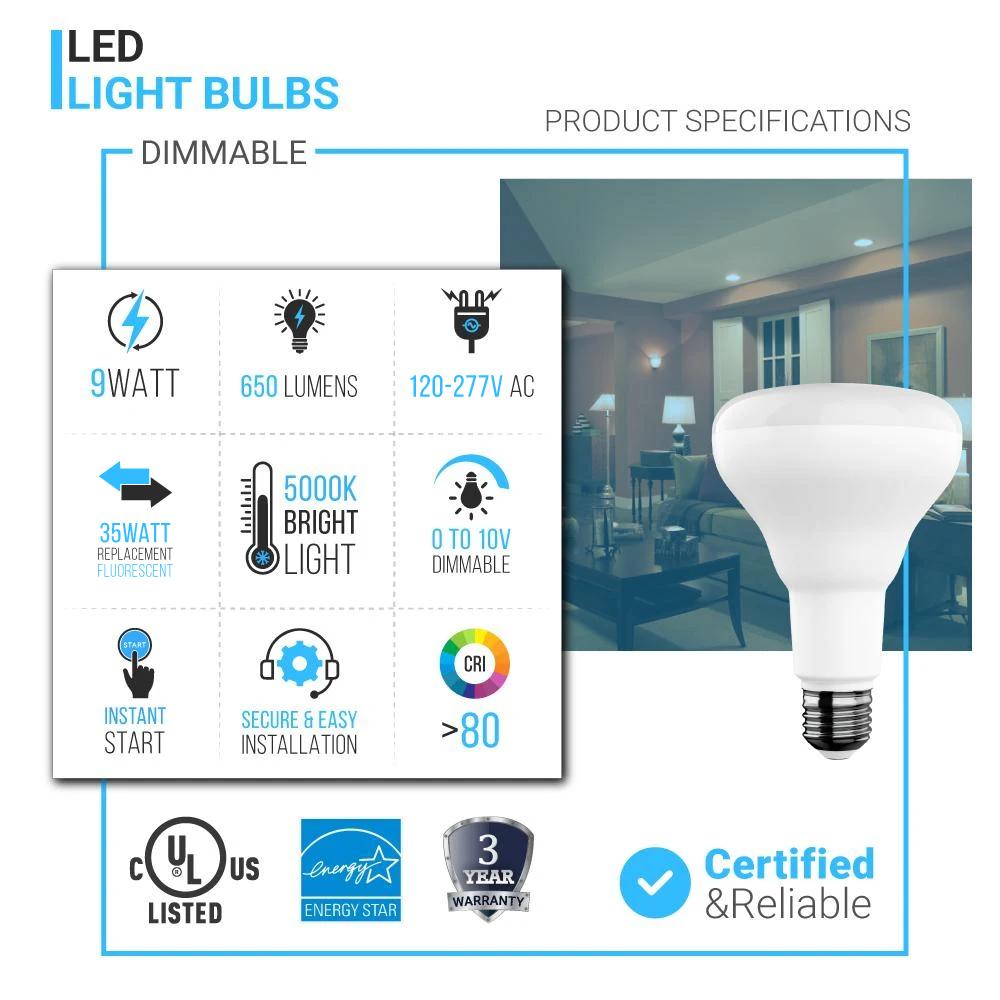 LED Light Bulbs BR30 9 Watt 5000K 650 Lumens 120V Dimmable E26 Base Damp Location LED Indoor Recessed Flood Light - LEDMyPlace