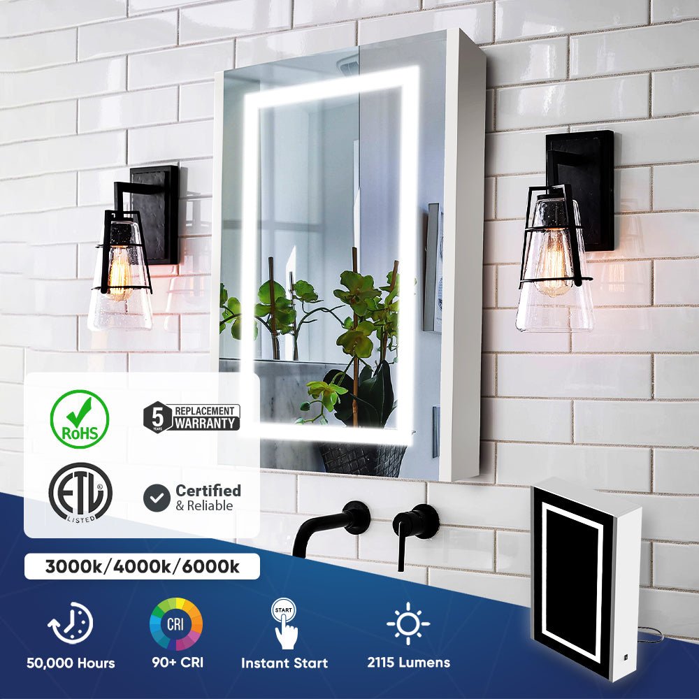 LED Lighted Bathroom Medicine Cabinet with Outlet, Double Sided Mirror, On/Off Switch, ETL, RoHS Listed, 90+ CRI, Surface Mount, Medicine Cabinet with LED Mirror, Benign Style - LEDMyPlace