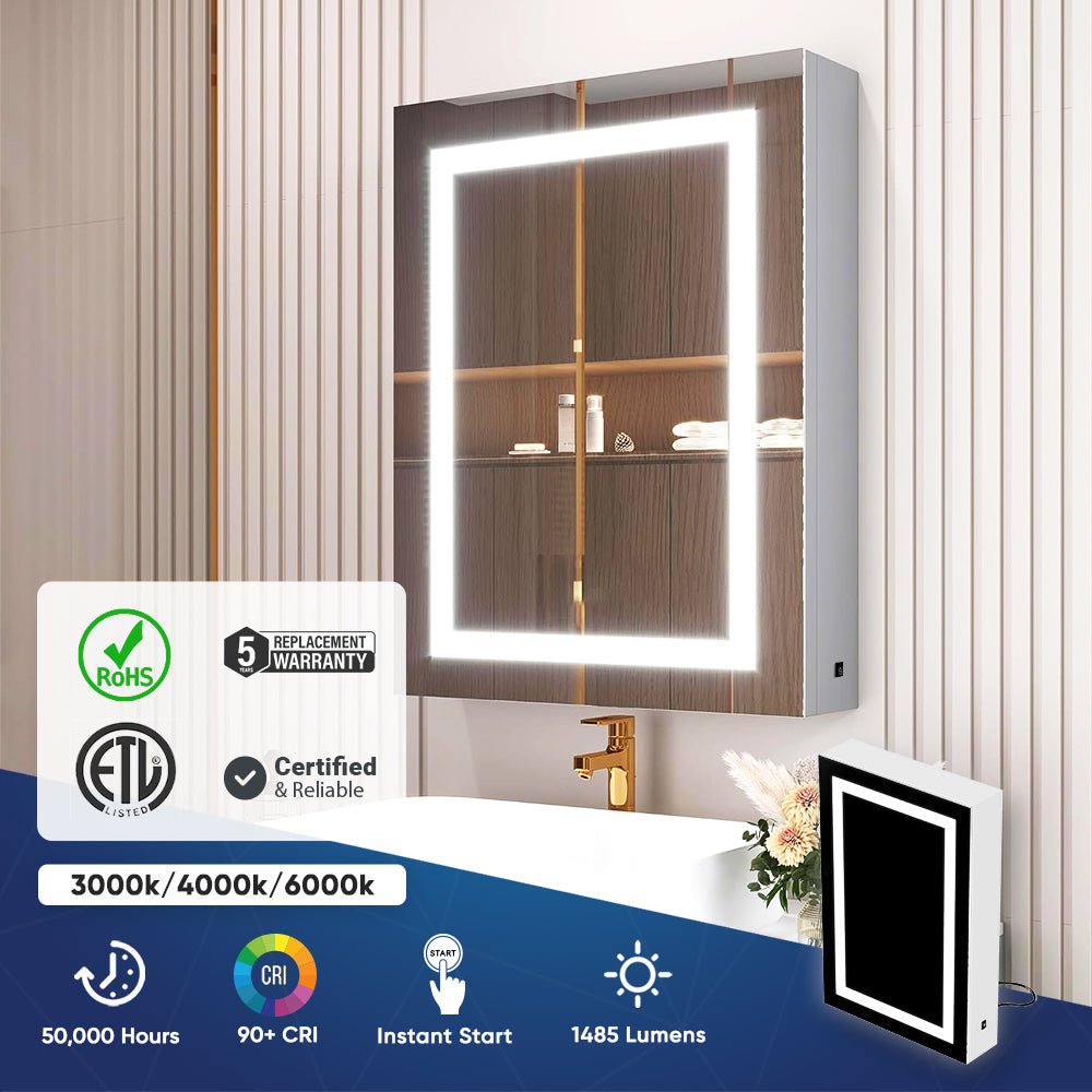 LED Lighted Bathroom Medicine Cabinet with Outlet, Double Sided Mirror, On/Off Switch, Surface Mount, Medicine Cabinet with LED Mirror, CRI 90+, Hector Style - LEDMyPlace