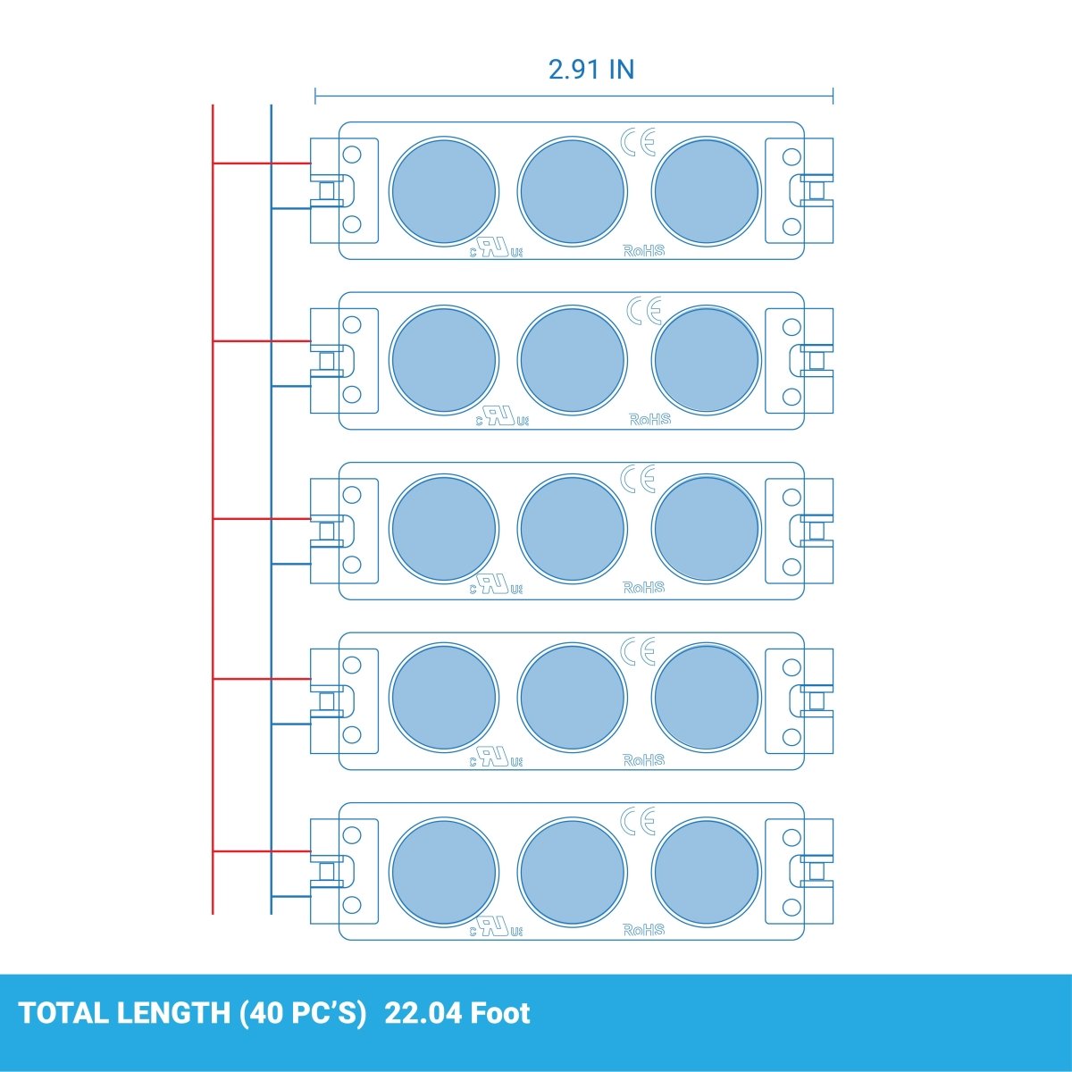 LED Module Lights, 3LEDs/Mod, DC12V, 0.72W, Blue, Waterproof Decorative Light for Letter Sign Advertising Signs with Tape Adhesive Backside (40 - Pack) - LEDMyPlace