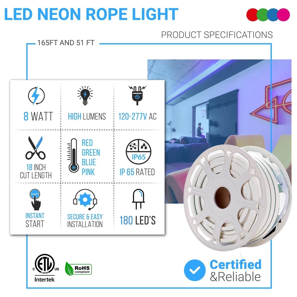 LED Neon Rope Light, 120V, UL Listed, Waterproof IP65 RATED, >80 CRI, Neon Flex (Blue, Green, Red, Pink) - LEDMyPlace