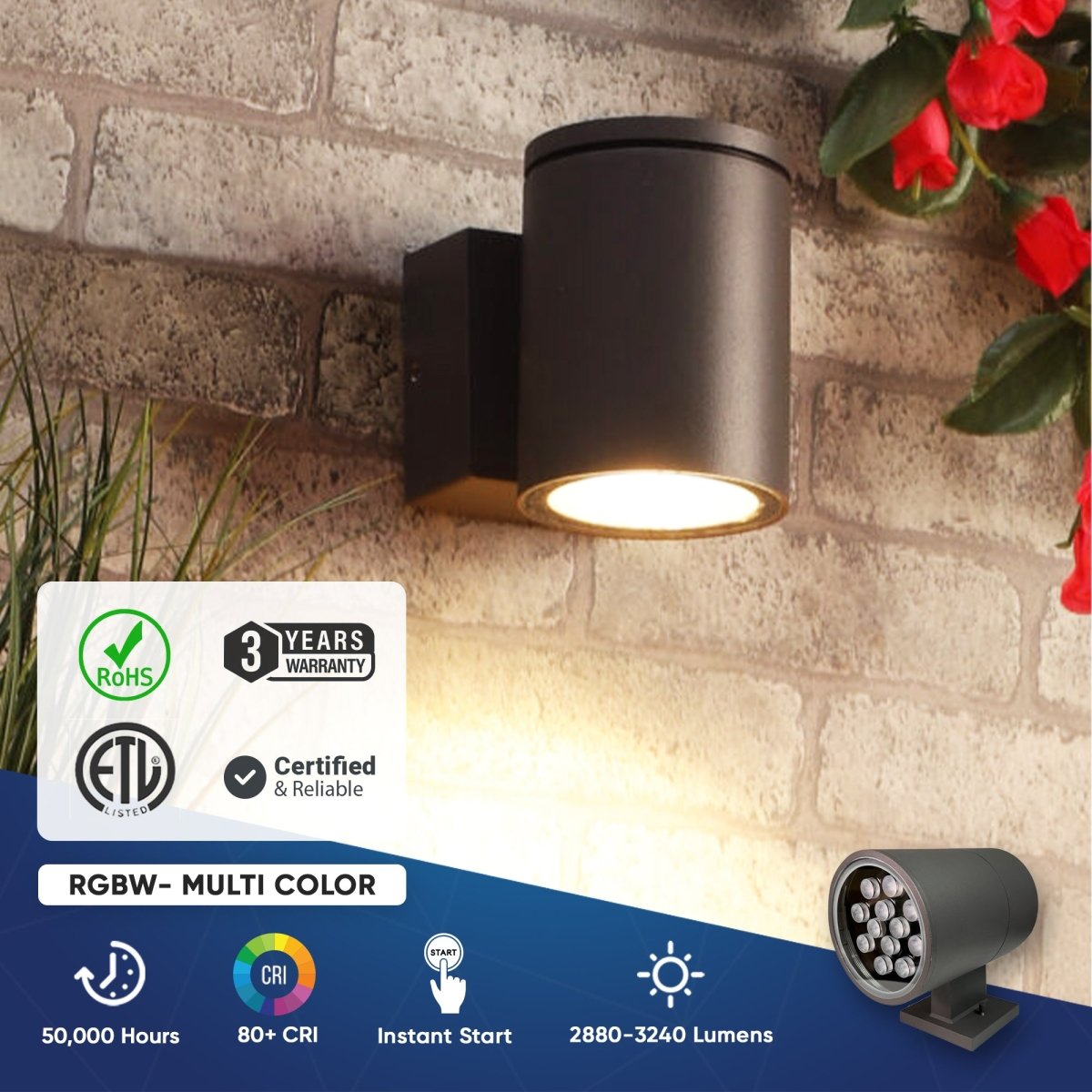 LED Outdoor Single Sided Light With Remote, RGBW, Cylinder, 36W, AC100 - 277V, IP65, ETL CE RoSH Approval, Outdoor Wall Lights - LEDMyPlace