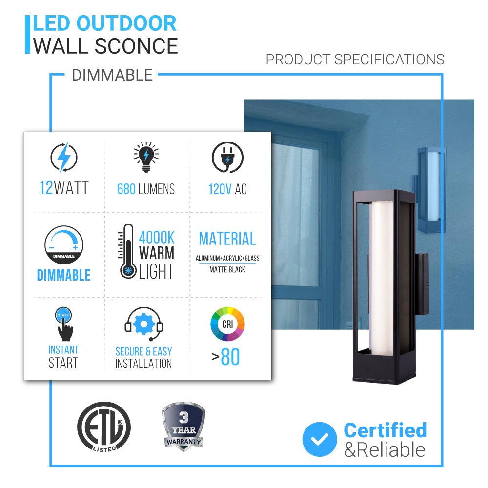 LED Outdoor Wall Sconce, Matte Black Finish, 12W, ETL Listed - Wet Location, Dimmable - LEDMyPlace