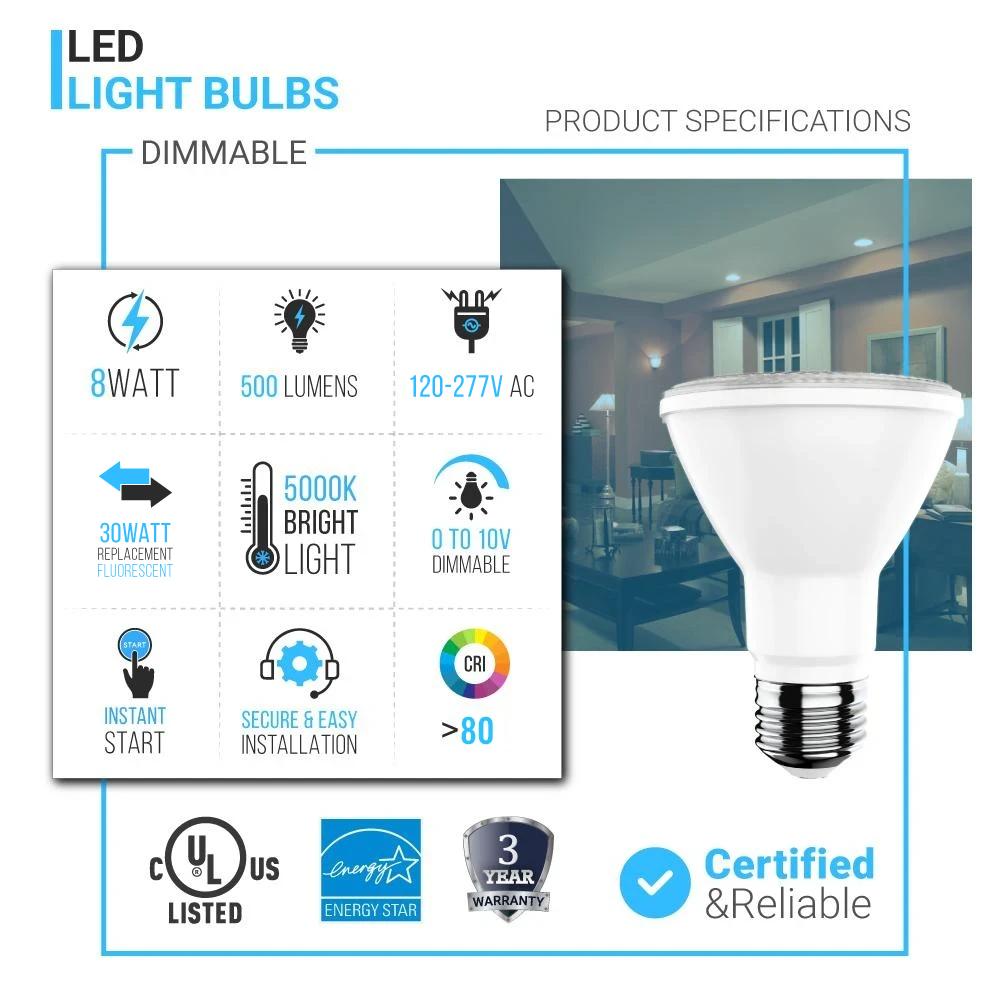 LED PAR20 Light Bulb 8 Watt 525 Lumens - 5000K - High CRI 90+E26 Base - LEDMyPlace