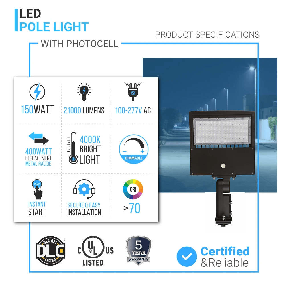 LED Pole Light with Dusk to Dawn Photocell, 150W/120W/100W Wattage Adjustable, 4000K, Universal Mount, Bronze, AC120 - 277V, IP65 Waterproof, LED Parking Lot Lights - Outdoor Commercial Area Street Lighting, Gen14B - LEDMyPlace