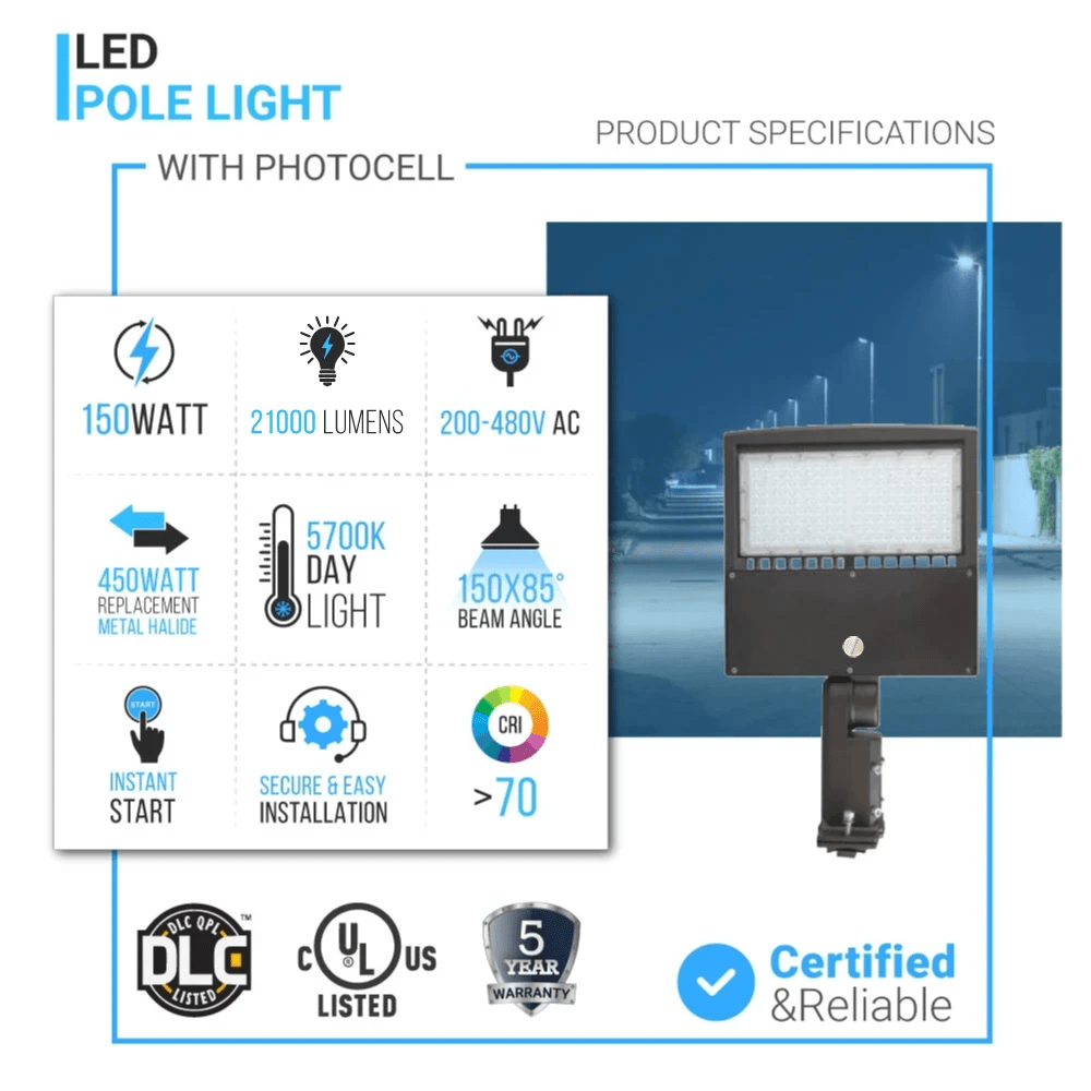 LED Pole Light with Dusk to Dawn Photocell, 150W/120W/100W Wattage Adjustable, 5700K, 136 LM/W, Universal Mount, High Voltage 277V - 480V, Bronze, IP65 Waterproof, LED Parking Lot Lights - Outdoor Commercial Area Street Lighting, Gen14B - LEDMyPlace