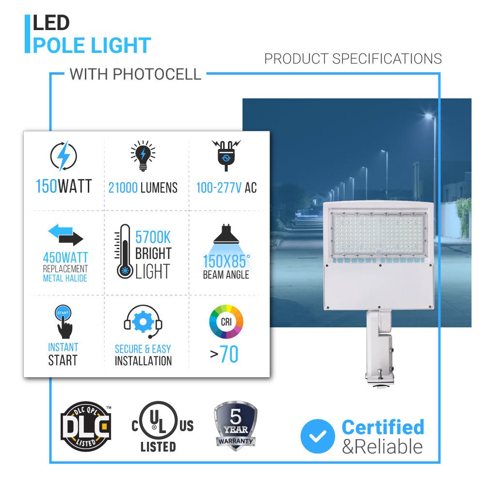 LED Pole Light with Dusk to Dawn Photocell, 150W/120W/100W Wattage Adjustable, 5700K, Universal Mount (Adjustable Slip Fitter + Wall Mount), White, IP65 Waterproof, AC120 - 277V, Gen14B, LED Parking Lot Lights - Outdoor Commercial Area Street Lighting - LEDMyPlace