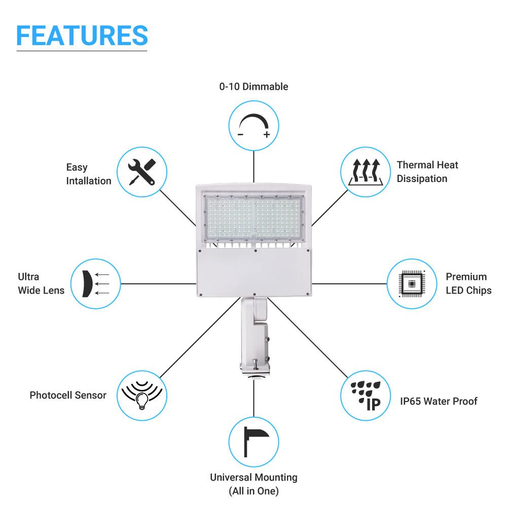 LED Pole Light with Dusk to Dawn Photocell, 150W/120W/100W Wattage Adjustable, 5700K, Universal Mount (Adjustable Slip Fitter + Wall Mount), White, IP65 Waterproof, AC120 - 277V, Gen14B, LED Parking Lot Lights - Outdoor Commercial Area Street Lighting - LEDMyPlace