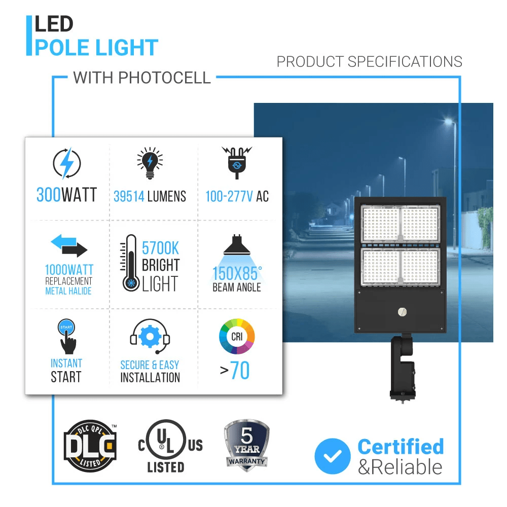 LED Pole Light with Dusk to Dawn Photocell, 300W/240W/200W Wattage Adjustable, 5700K, 133 LM/W, Universal Mount (Adjustable Slip Fitter + Wall Mount), Black, Waterproof IP65, AC120 - 277V, LED Parking Lot Lights, Outdoor Commercial Area Street Lighting - LEDMyPlace