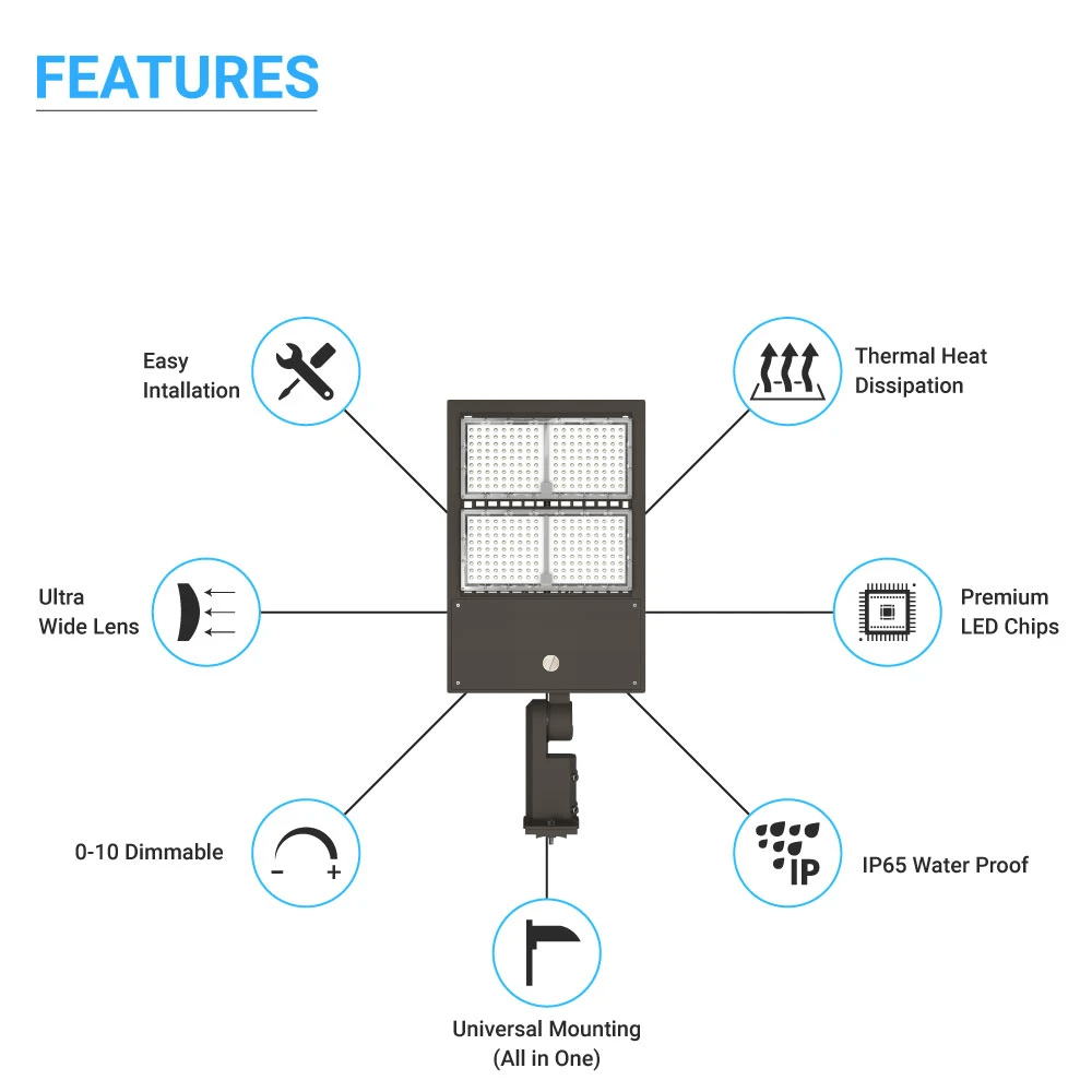 LED Pole Light with Dusk to Dawn Photocell, 300W/240W/200W Wattage Adjustable, 5700K, 133 LM/W, Universal Mount (Adjustable Slip Fitter + Wall Mount), Black, Waterproof IP65, AC120 - 277V, LED Parking Lot Lights, Outdoor Commercial Area Street Lighting - LEDMyPlace