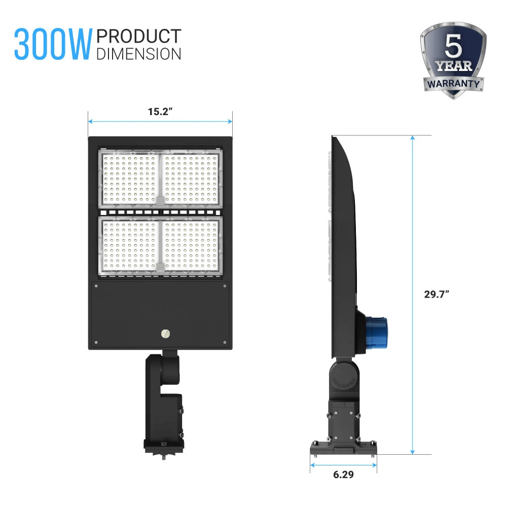 LED Pole Light with Dusk to Dawn Photocell, 300W/240W/200W Wattage Adjustable, 5700K, 133 LM/W, Universal Mount (Adjustable Slip Fitter + Wall Mount), Black, Waterproof IP65, AC120 - 277V, LED Parking Lot Lights, Outdoor Commercial Area Street Lighting - LEDMyPlace