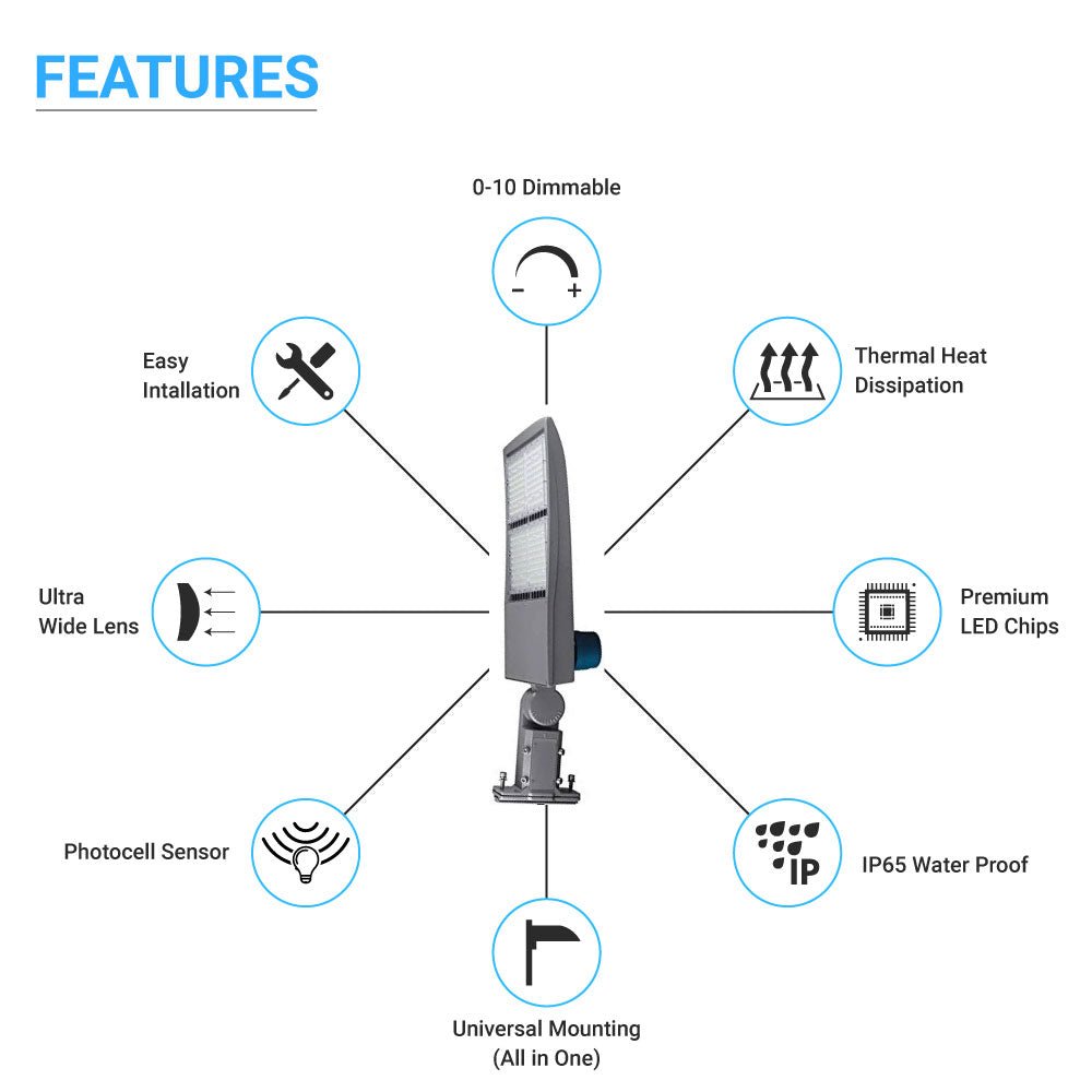 LED Pole Light with Dusk to Dawn Photocell, 300W/240W/200W Wattage Adjustable, 5700K, 133 LM/W, Universal Mount (Adjustable Slip Fitter + Wall Mount), Silver, IP65 Waterproof, AC100 - 277V, LED Parking Lot Lights - Outdoor Commercial Area Street Lighting, - LEDMyPlace