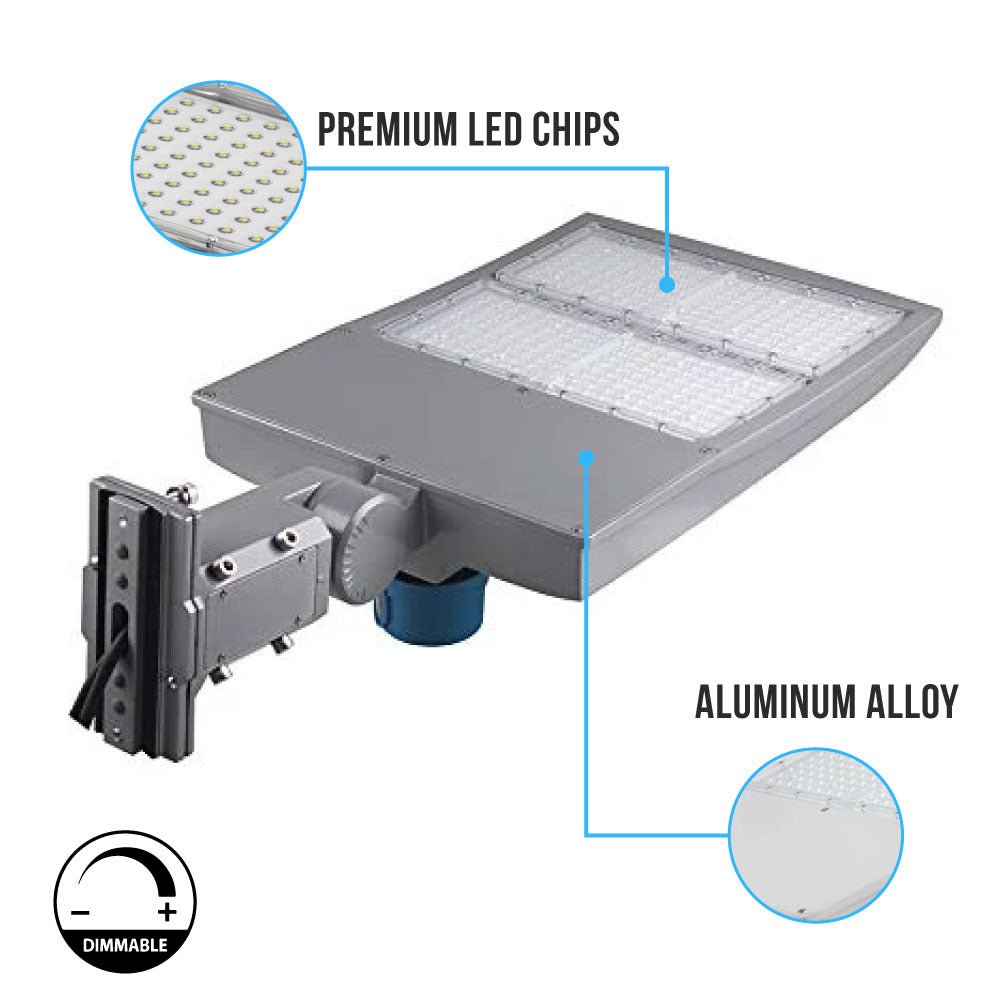 LED Pole Light with Dusk to Dawn Photocell, 300W/240W/200W Wattage Adjustable, 5700K, 133 LM/W, Universal Mount (Adjustable Slip Fitter + Wall Mount), Silver, IP65 Waterproof, AC100 - 277V, LED Parking Lot Lights - Outdoor Commercial Area Street Lighting, - LEDMyPlace