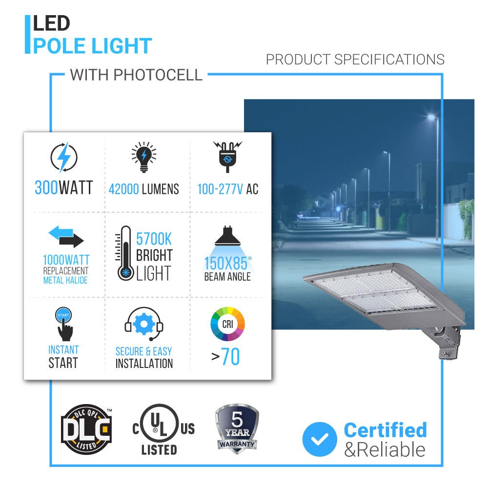 LED Pole Light with Dusk to Dawn Photocell, 300W/240W/200W Wattage Adjustable, 5700K, 133 LM/W, Universal Mount (Adjustable Slip Fitter + Wall Mount), Silver, IP65 Waterproof, AC100 - 277V, LED Parking Lot Lights - Outdoor Commercial Area Street Lighting, - LEDMyPlace