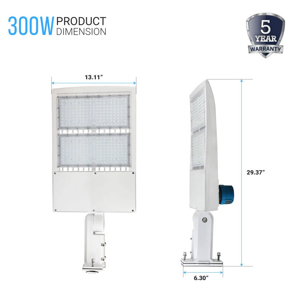 LED Pole Light with Dusk to Dawn Photocell, 300W/240W/200W Wattage Adjustable, 5700K, 133 LM/W, Universal Mount (Adjustable Slip Fitter + Wall Mount), White, IP65 Waterproof, AC120 - 277V, LED Parking Lot Lights - Outdoor Commercial Area Street Lighting - LEDMyPlace