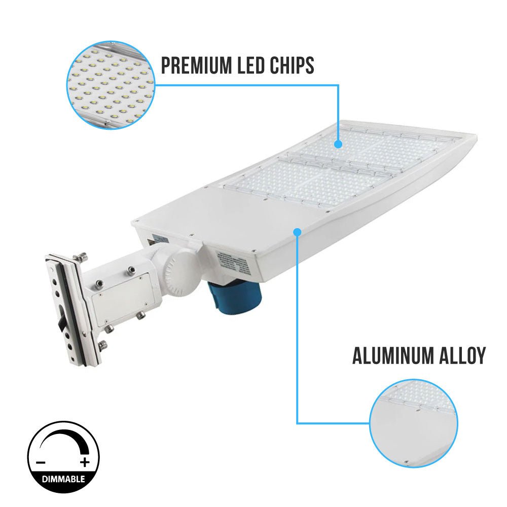 LED Pole Light with Dusk to Dawn Photocell, 300W/240W/200W Wattage Adjustable, 5700K, 133 LM/W, Universal Mount (Adjustable Slip Fitter + Wall Mount), White, IP65 Waterproof, AC120 - 277V, LED Parking Lot Lights - Outdoor Commercial Area Street Lighting - LEDMyPlace