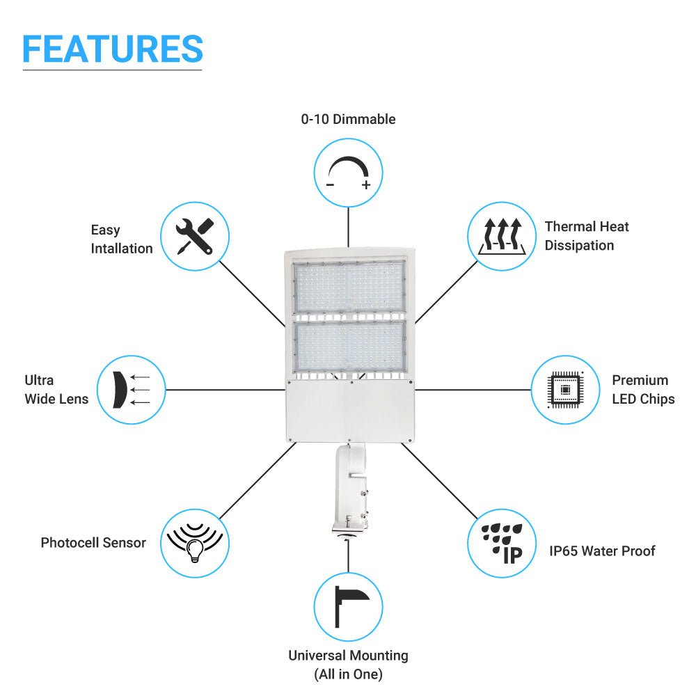 LED Pole Light with Dusk to Dawn Photocell, 300W/240W/200W Wattage Adjustable, 5700K, 133 LM/W, Universal Mount (Adjustable Slip Fitter + Wall Mount), White, IP65 Waterproof, AC120 - 277V, LED Parking Lot Lights - Outdoor Commercial Area Street Lighting - LEDMyPlace