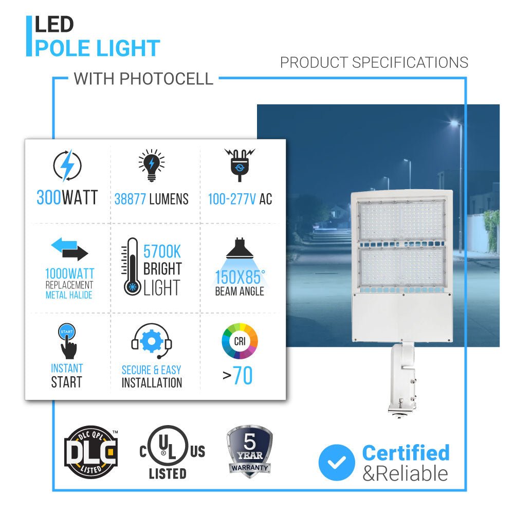 LED Pole Light with Dusk to Dawn Photocell, 300W/240W/200W Wattage Adjustable, 5700K, 133 LM/W, Universal Mount (Adjustable Slip Fitter + Wall Mount), White, IP65 Waterproof, AC120 - 277V, LED Parking Lot Lights - Outdoor Commercial Area Street Lighting - LEDMyPlace