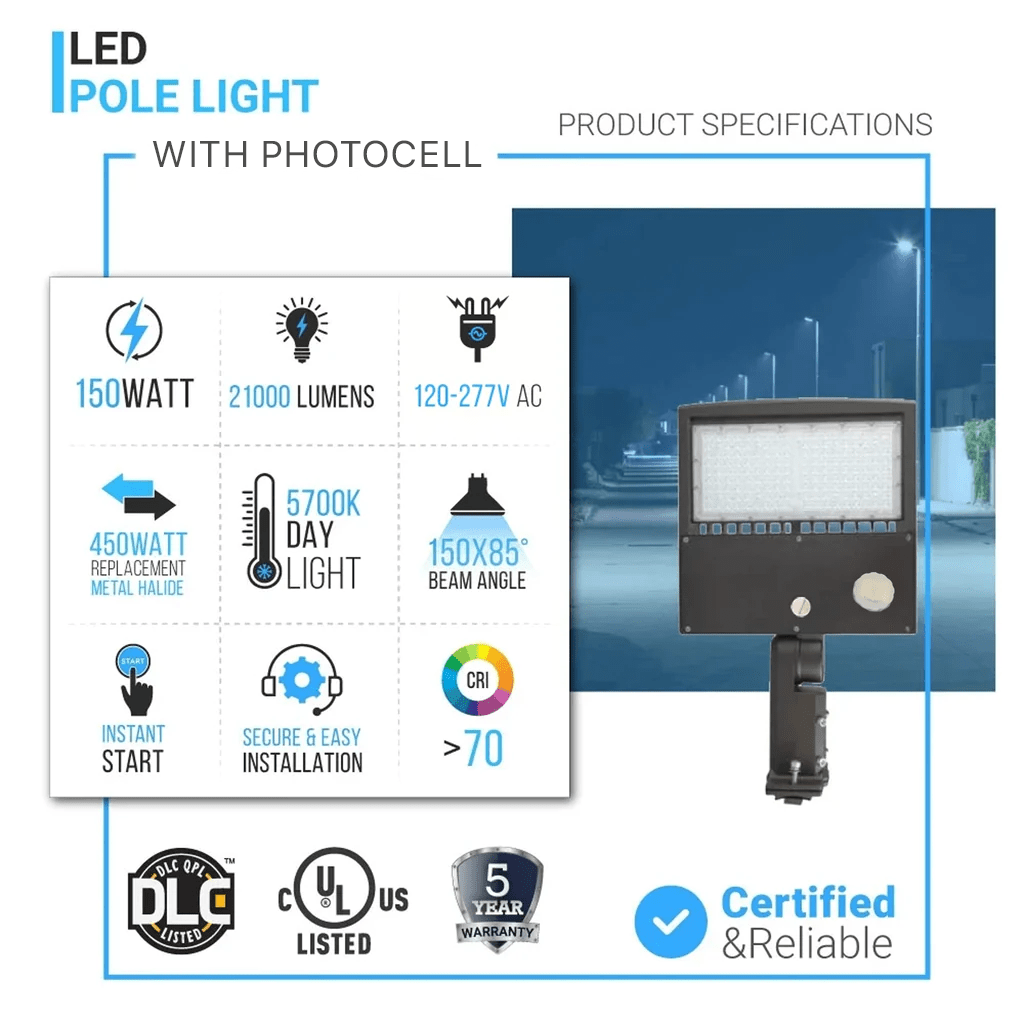 LED Pole Light with Photocell & Motion Sensor, 150W/120W/100W Wattage Adjustable, 5700K,133 LM/W, IP65, AC120 - 277V, Bronze, Universal Mount, Parking Lot Lights Outdoor Commercial Area Street Lighting, Gen14B - LEDMyPlace