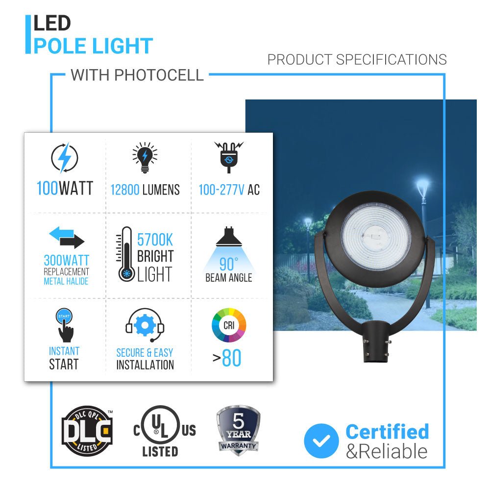 LED Post Top Light With Photocell 100W, 5700K, AC120 - 277V, UL, DLC Listed, IP65 Waterproof, Dimmable, Bronze, For Street Yard Garden Lighting - LEDMyPlace