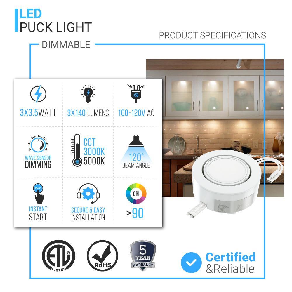 LED Puck Lights, 3 - Piece Kit Direct Plug - In, Dimmable, 3x3 Watts, 3x140 LM, White, Linkable LED Under Counter Lights for Kitchen, Desk - LEDMyPlace