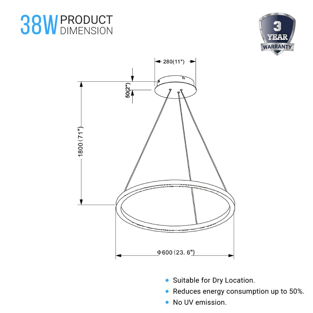 LED Ring Chandelier, 1 - Ring, 38W, 3000K, 1512LM, Dimmable, Diameter 23.6''×71'' - LEDMyPlace