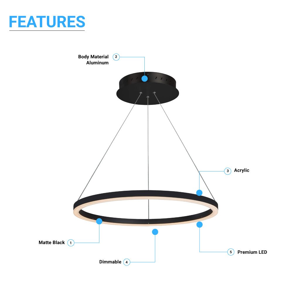 LED Ring Chandelier, 1 - Ring, 38W, 3000K, 1512LM, Dimmable, Diameter 23.6''×71'' - LEDMyPlace