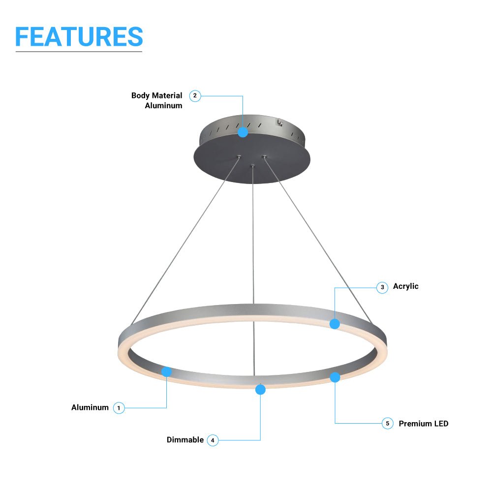 LED Ring Chandelier, 1 - Ring, 38W, 3000K, 1512LM, Dimmable, Diameter 23.6''×71'' - LEDMyPlace