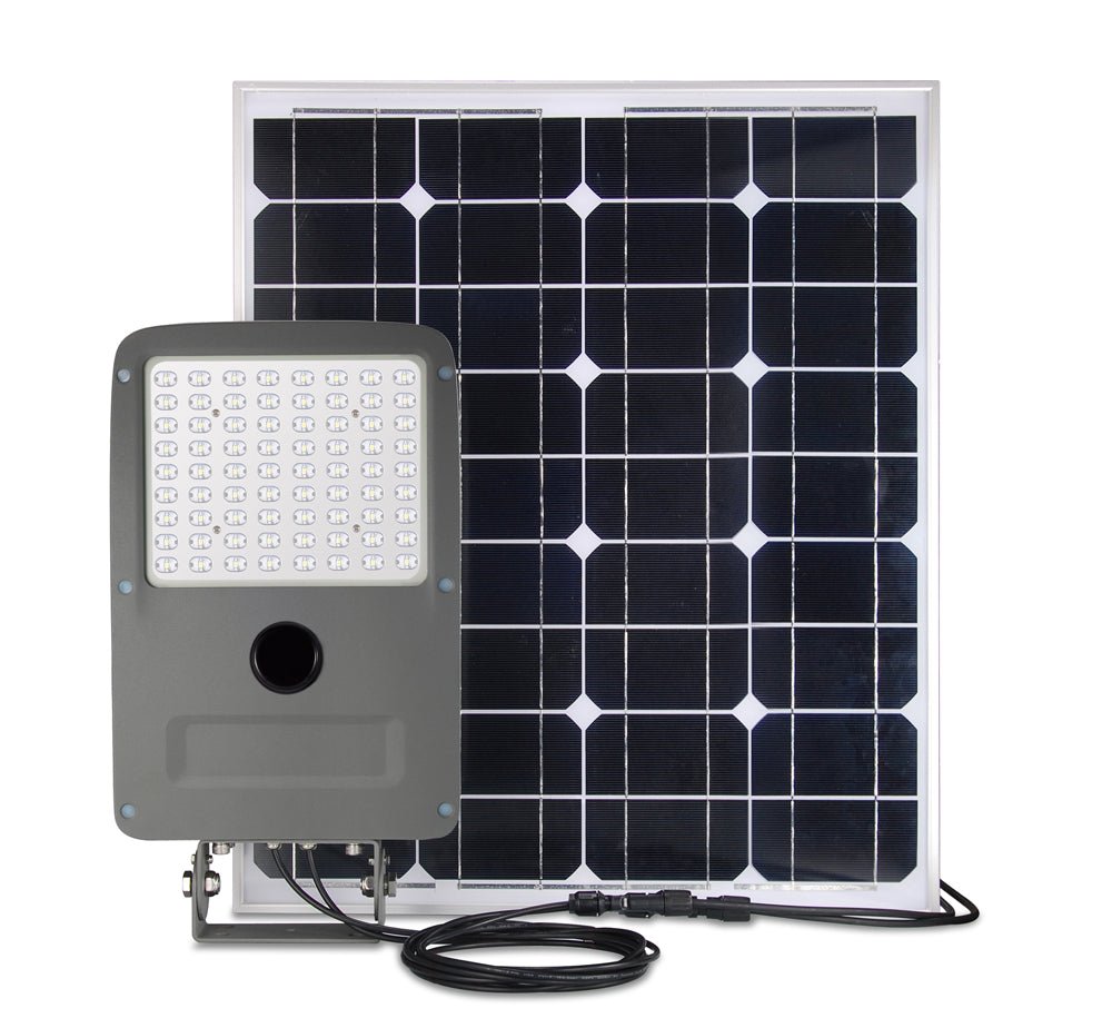 LED Solar Flood Light Set 30W w/ 80W Solar Panel, 6000K, 3600LM, 35.2AH Battery Capacity, 120V - 277V, Solar Powered Security Lighting - LEDMyPlace