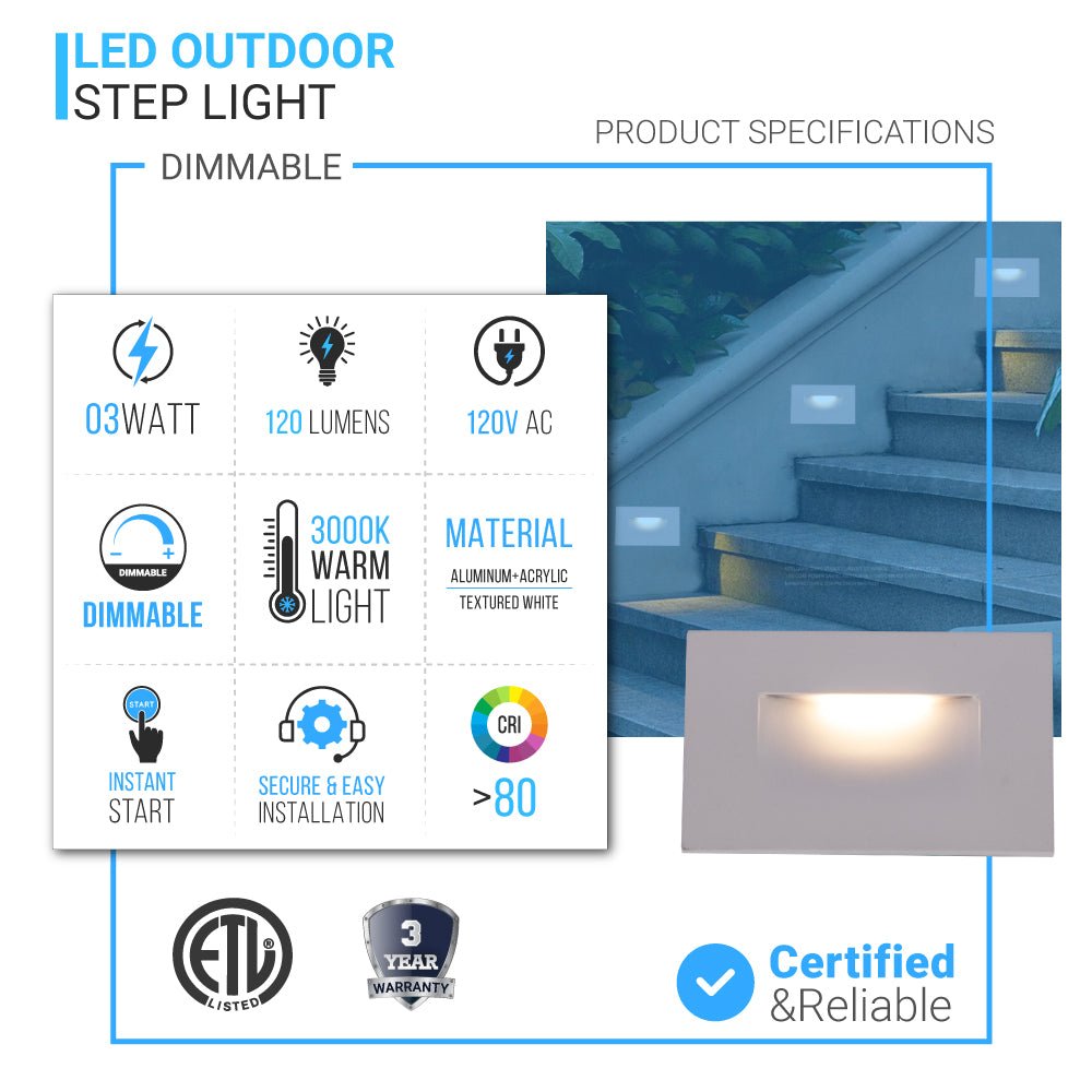 LED Step Lights 3W 3000K (Warm White), 120 LM, 120V, Rectangle, ETL Listed, Dimmable, Wet Location, Indoor Outdoor Stair Lights - LEDMyPlace