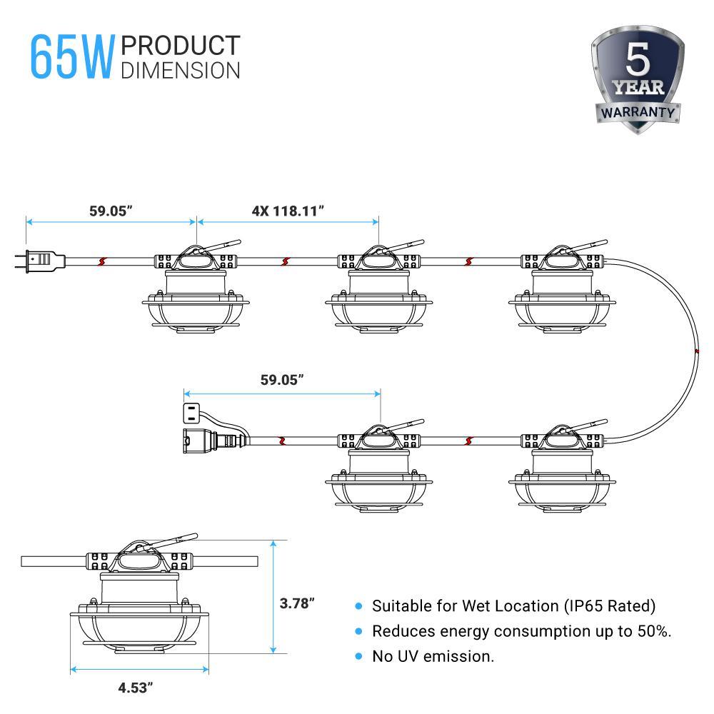 LED String Work Lights With Cage, 65W 5000K, 50ft, 8000LM , IP65, 5 Lights Per Bunch, Linkable, for Construction Sites, Renovation, Mine Cave, Hanging String Lights - LEDMyPlace