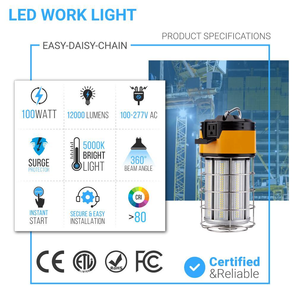 LED Temporary Work Lights with Cage, 100W 5000K, Plug and Play, Linkable, 12000LM, IP64, Portable Hanging Lighting for Construction Jobsite - LEDMyPlace