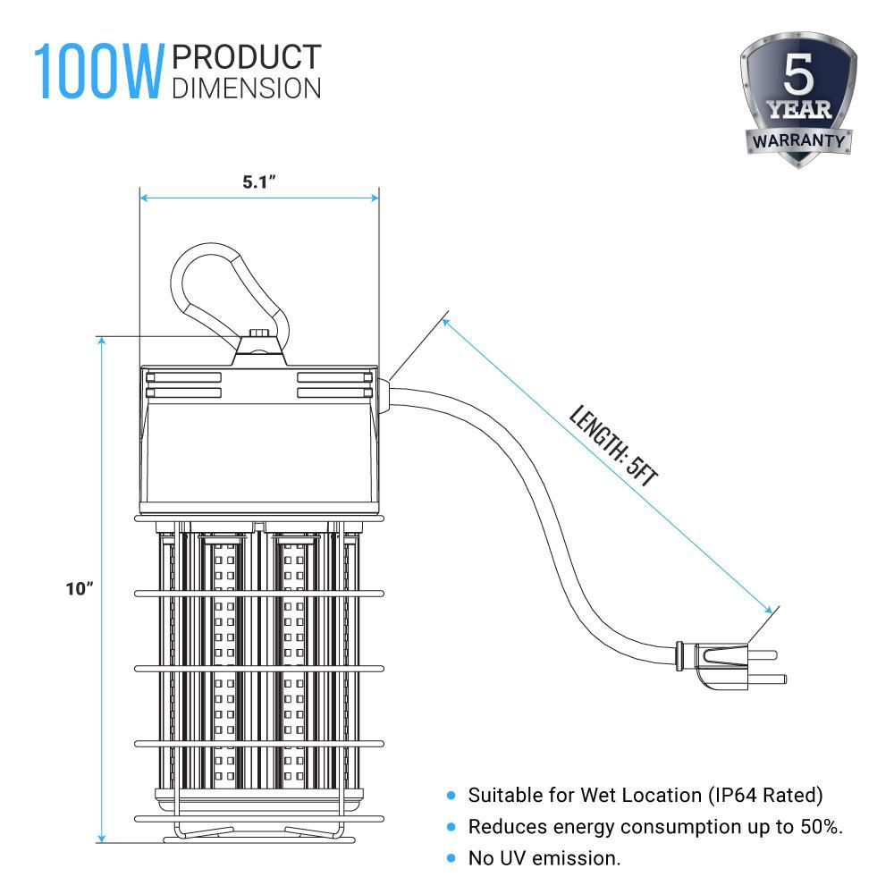 LED Temporary Work Lights with Cage, 100W 5000K, Plug and Play, Linkable, 12000LM, IP64, Portable Hanging Lighting for Construction Jobsite - LEDMyPlace