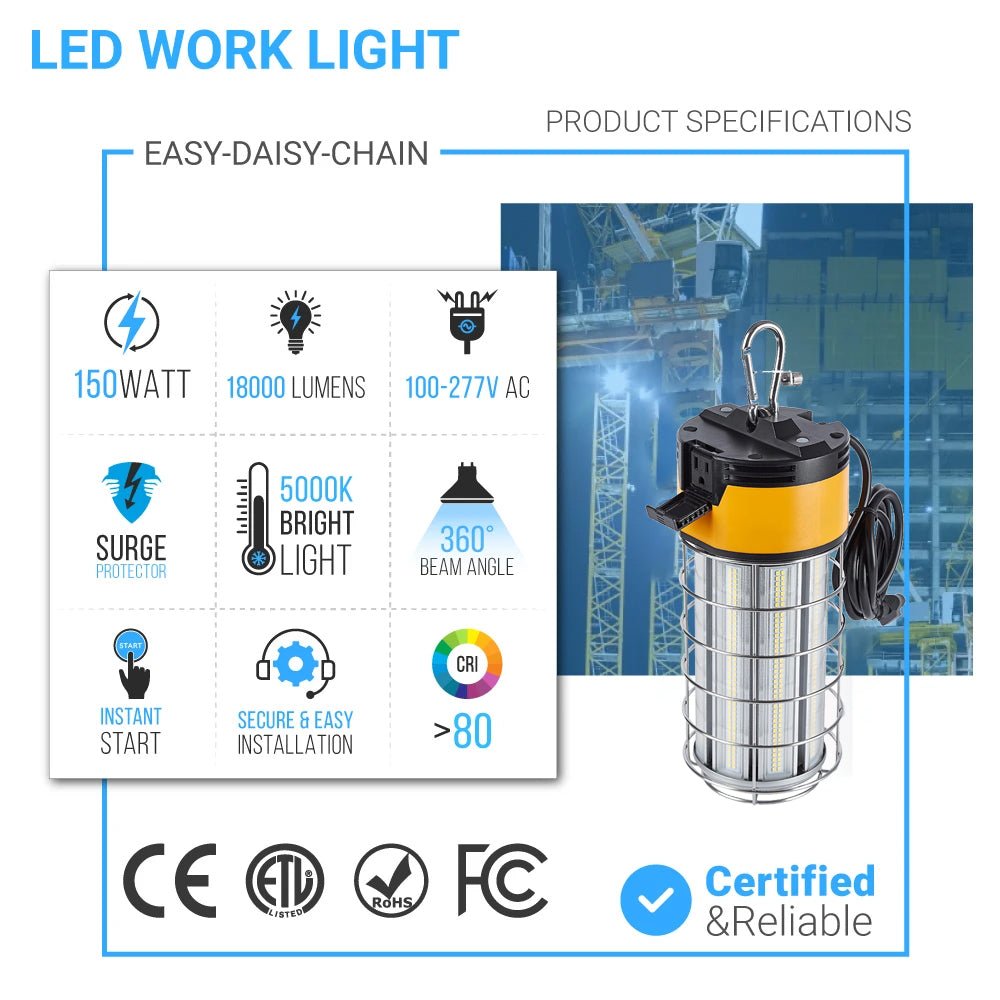 LED Temporary Work Lights with Cage, 150W 5000K 18000LM Plug and Play, Linkable, Jobsite Lighting, IP64, Portable Hanging Work Construction Light - LEDMyPlace