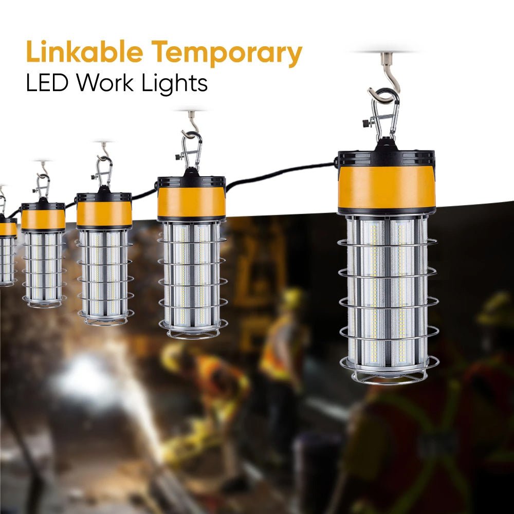 LED Temporary Work Lights with Cage, 150W 5000K 18000LM Plug and Play, Linkable, Jobsite Lighting, IP64, Portable Hanging Work Construction Light - LEDMyPlace