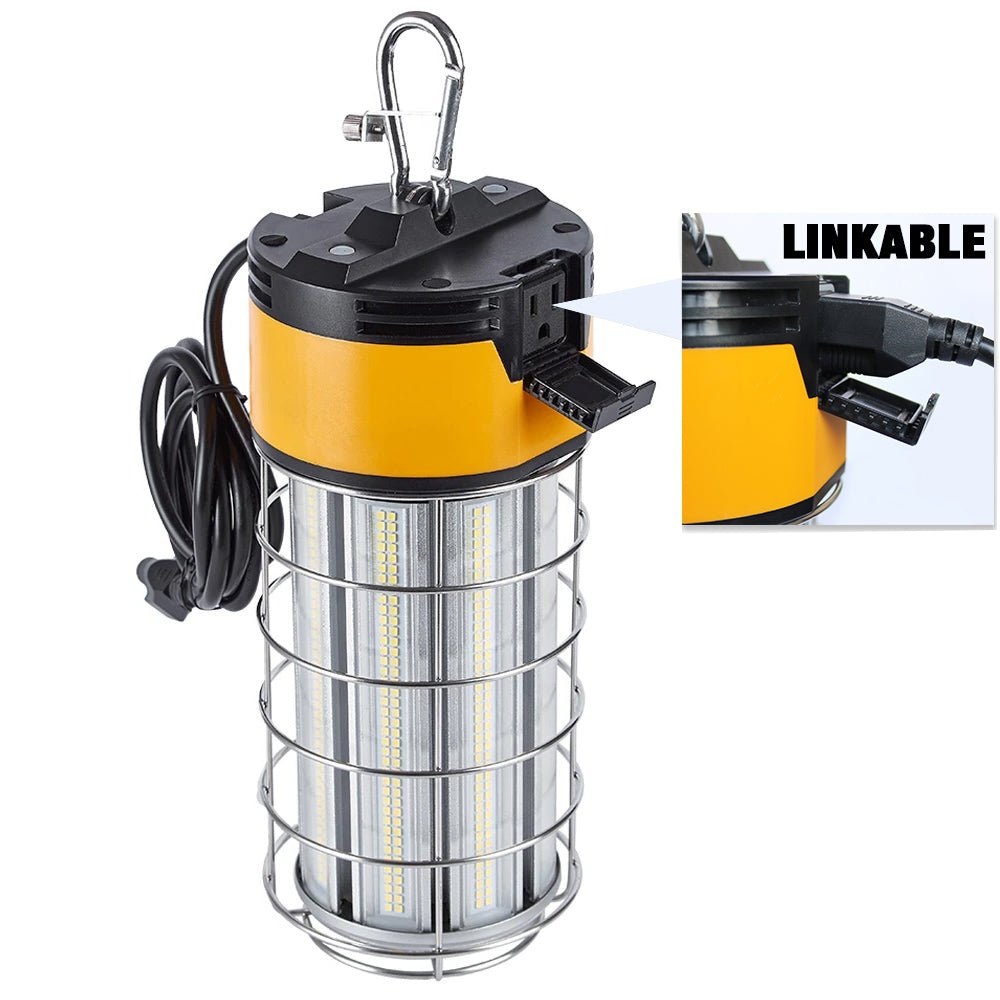 LED Temporary Work Lights with Cage, 150W 5000K 18000LM Plug and Play, Linkable, Jobsite Lighting, IP64, Portable Hanging Work Construction Light - LEDMyPlace