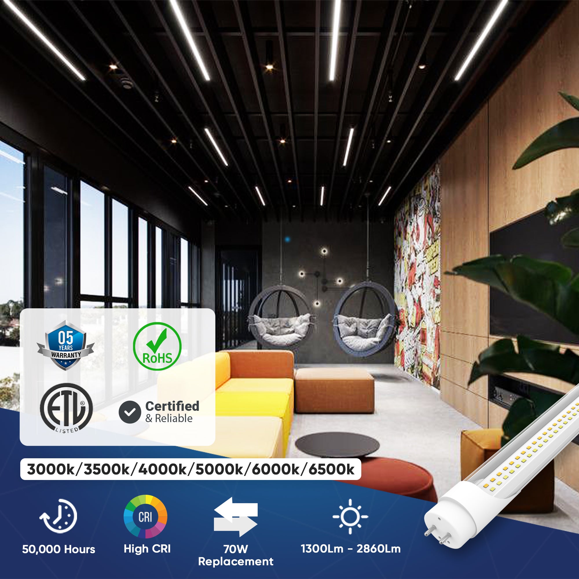 Hybrid T8 4ft LED Tube/Bulb - 22w/20w/18w/15w/12w/10w Wattage Adjustable, 130lm/w, 3000k/3500k/4000k/5000k/ 6000k/6500k CCT Changeable, Clear, Base G13, Single End/Double End Power - Ballast Compatible or Bypass