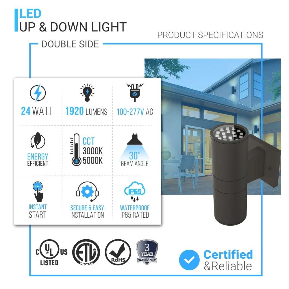 LED Up & Down Lights Outdoor, Cylinder, 12WX2, AC100 - 277V, 80 - 90 Lm/W, IP65, Light Bronze Finish, Double Side - LEDMyPlace