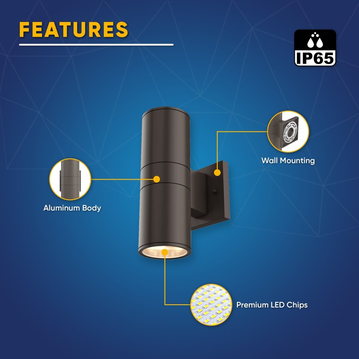 LED Up & Down Lights Outdoor, Cylinder, 12WX2, AC100 - 277V, 80 - 90 Lm/W, IP65, Light Bronze Finish, Double Side - LEDMyPlace