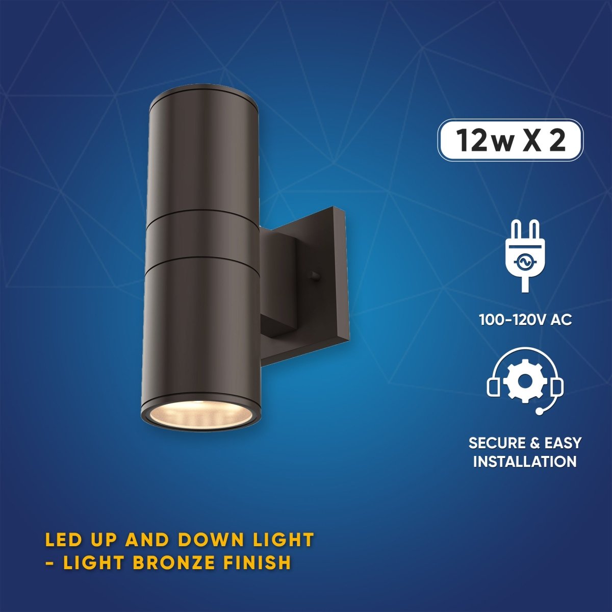 LED Up & Down Lights Outdoor, Cylinder, 12WX2, AC100 - 277V, 80 - 90 Lm/W, IP65, Light Bronze Finish, Double Side - LEDMyPlace