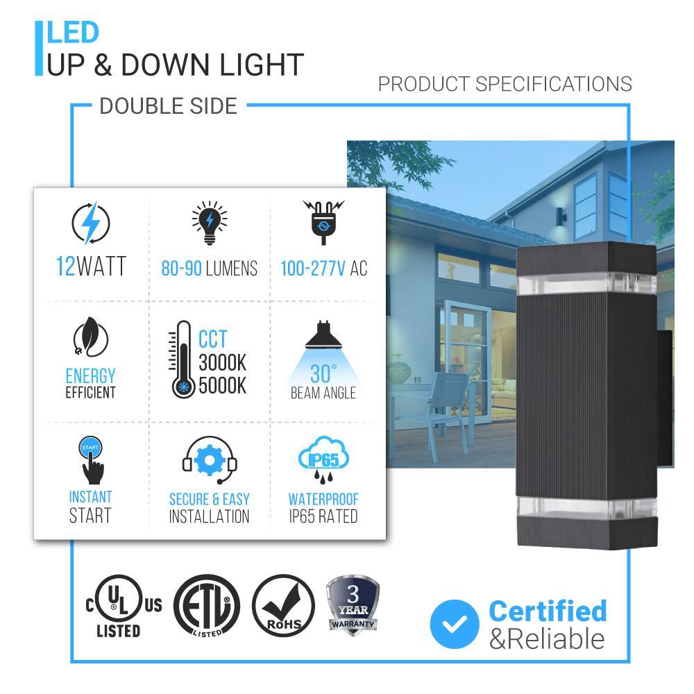 LED Up & Down Wall Lights Outdoor, Square, 2x6W, AC100 - 277V, Waterproof Wall Sconce in 2 Lights, ETL - Listed, 80 - 90 Lumens/W - LEDMyPlace