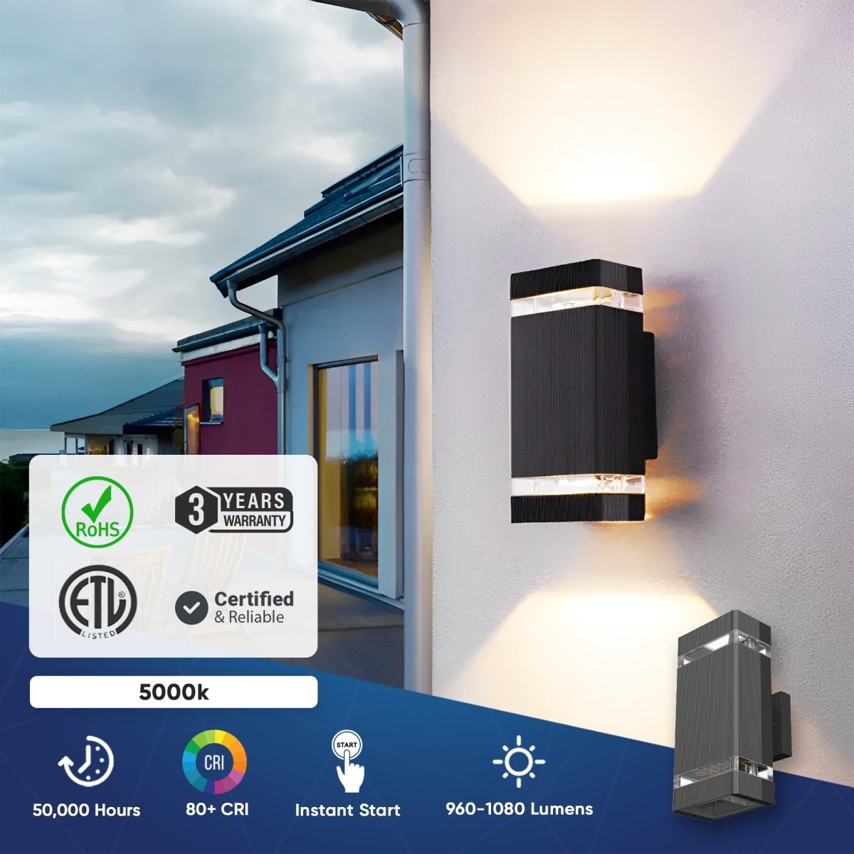 LED Up & Down Wall Lights Outdoor, Square, 2x6W, AC100 - 277V, Waterproof Wall Sconce in 2 Lights, ETL - Listed, 80 - 90 Lumens/W - LEDMyPlace