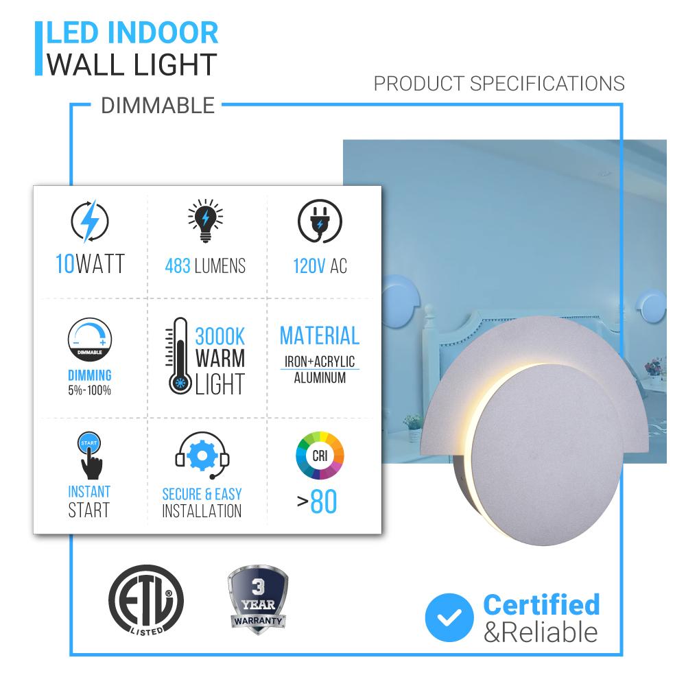 LED Wall Sconce Light For Living Room Lighting, 10W 3000K (Warm White) 483LM 120V Dimmable, Round - LEDMyPlace