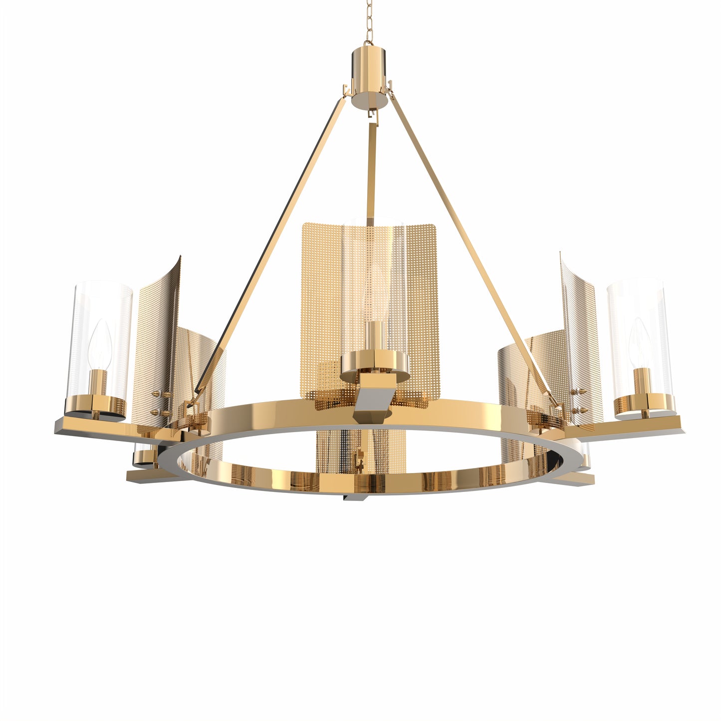 6-Light Ring Chandelier Ceiling Light In Brass Finish with Clear Glass, E12 Base, Width 28" Height 22", 120V, Bulb Type B10, Socket type E12, Max wattage Per Socket 60W