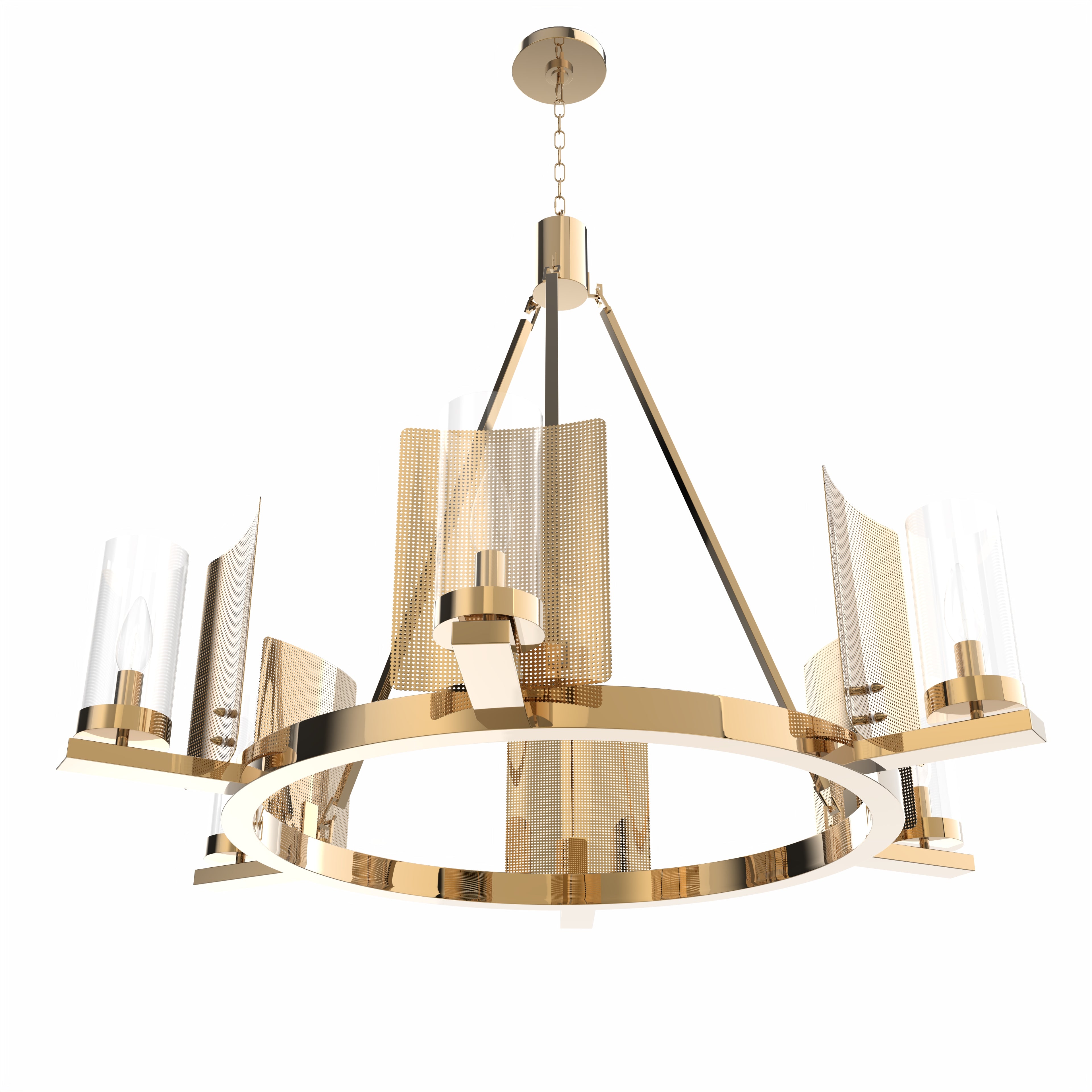 6-Light Ring Chandelier Ceiling Light In Brass Finish with Clear Glass, E12 Base, Width 28" Height 22", 120V, Bulb Type B10, Socket type E12, Max wattage Per Socket 60W