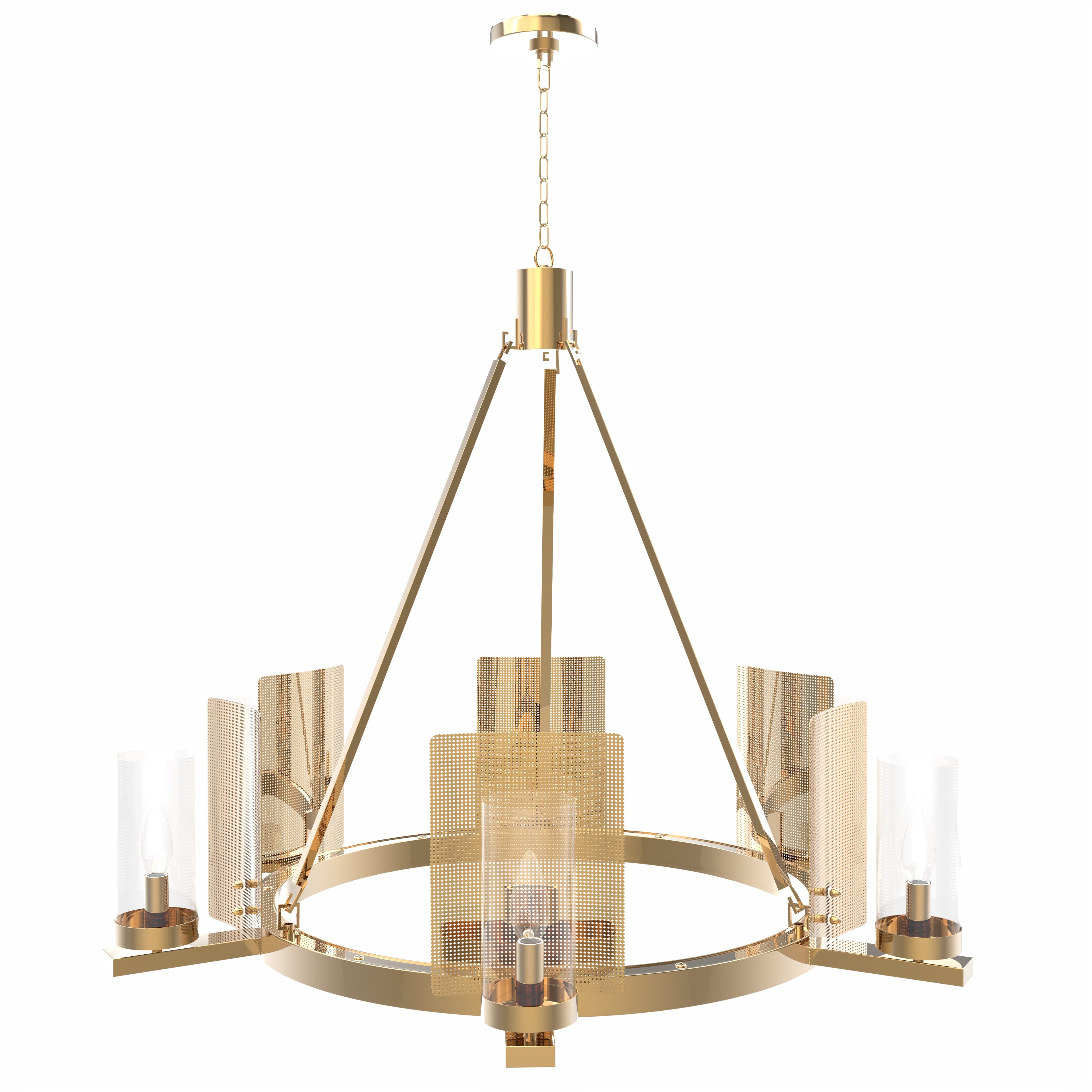 6-Light Ring Chandelier Ceiling Light In Brass Finish with Clear Glass, E12 Base, Width 28" Height 22", 120V, Bulb Type B10, Socket type E12, Max wattage Per Socket 60W