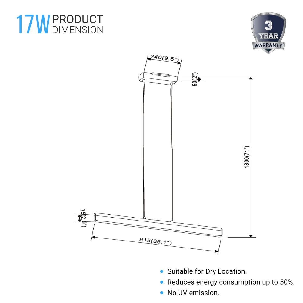 Linear Rectangular Pendant Lighting Fixture, 17W, 3000K (Warm White), 1137LM, Dimension: 36.1''x71'' - LEDMyPlace