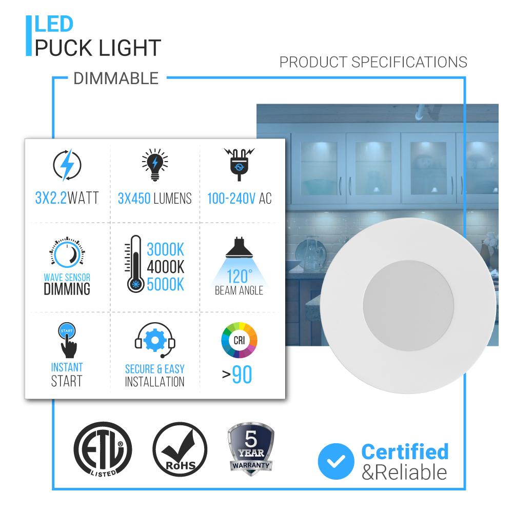 Magnetic LED Puck Lights, CRI90, 3 - Piece Kit With 12V Adaptor & Touch Dimmer, 2.2W Each, 450 LM, Under Counter Lighting for Kitchen Desk Closet, White (Changeable Trim - Sold Separately) - LEDMyPlace