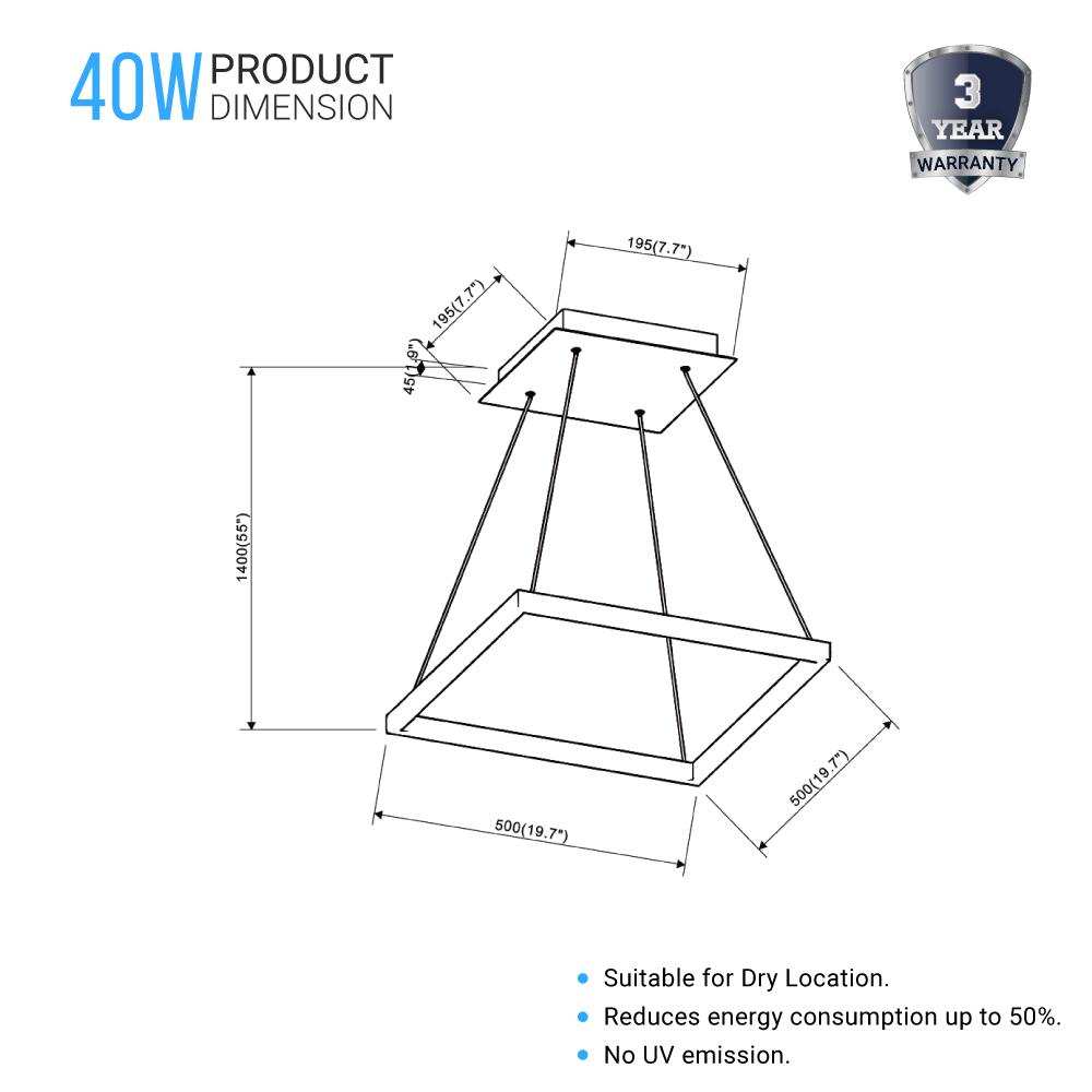 Modern 1 - Square Chandelier Lighting, 40W, 3000K,1917LM, Dimmable, Dimension : 19.7'L'×19.7'W'×55''H - LEDMyPlace